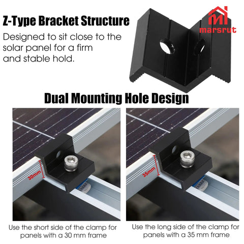 10 Piece Tough As Nails Solar Panel Clamps Black Aluminum End Brackets detail showing Z-Type bracket structure and dual mounting hole design.