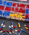 Twidec spade crimp connectors kit with blue, red and yellow insulated terminals in a plastic organizer (2.8/4.8/6.3 mm)
