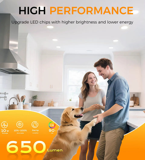 Couple in kitchen with dog under 4 Inch LED Recessed Downlight Canless Wafer With 3 Color Temperature Options 3000K 4000K 5000K Dimmable
