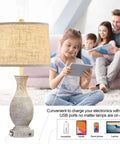 28 Inch Farmhouse Table Lamps Set Of 2 With USB Ports And 3 Way Dimmable Nightstand Lighting, kid using USB port in living room