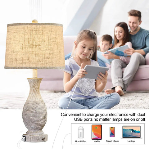 28 Inch Farmhouse Table Lamps Set Of 2 With USB Ports And 3 Way Dimmable Nightstand Lighting, kid using USB port in living room