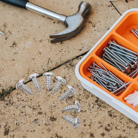 Pan Head Wood Screws Stainless Steel Self-Tapping 100-Piece Set for Furniture Assembly and DIY Projects on a workbench