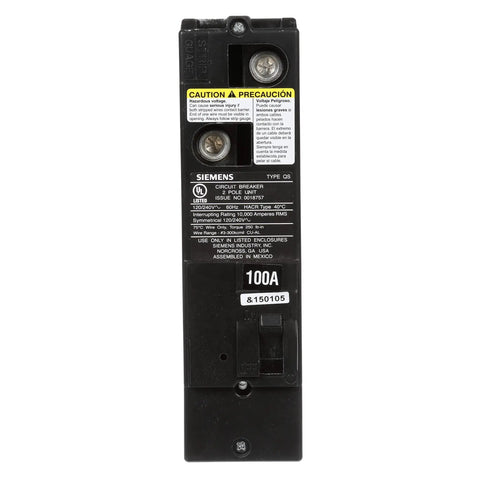 Front view of US2 QS2100 QS Type 100 Amp Multi-Family Main Breaker, 10 KAIC, UL Listed, black, showing Siemens branding and side-wired design.