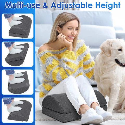 Under Desk Foot Rest For Work And Gaming With Non Slip Bottom Two Adjustable Heights And Removable Cover Comfortable Gray Foot Rest used by woman and dog