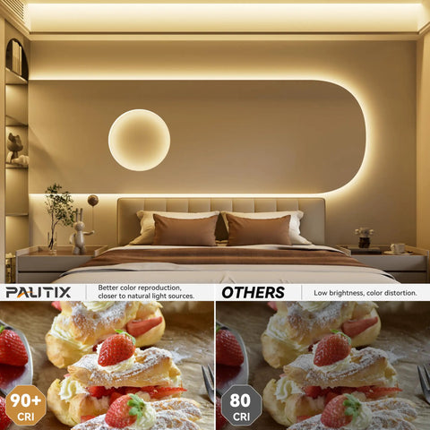 Ultra Bright 40ft COB LED Strip Lights 504 LEDs/m in bedroom displaying warm white 3000K CRI90 lighting with decor comparison