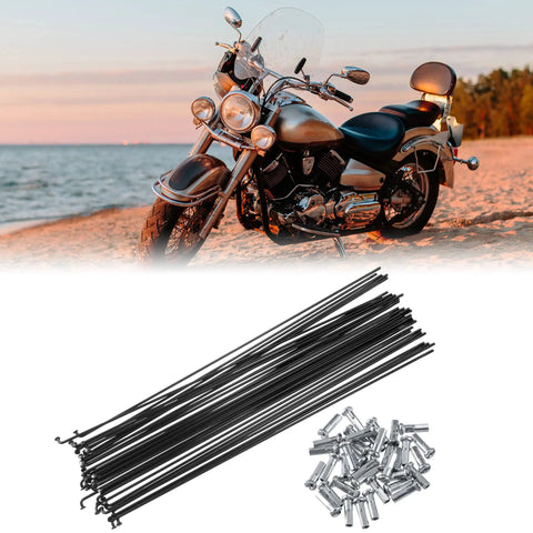 36 Pcs Bicycle Spokes Set 14G 263mm Length With Nipples For Most Bikes Durable Replacement Kit next to a motorcycle on a beach