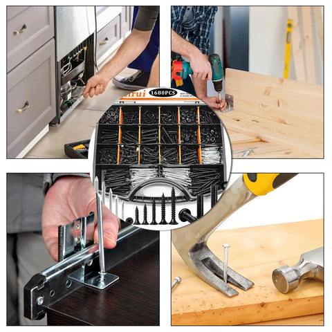Heavy Duty 1680 Piece Fastener Assortment Kit Holds Every Machine Screw Drywall Anchor And Bolt You Gotta Own For Tough DIY Builds Or Quick Home Fixes Tidily Stored In A Case with tools in use.
