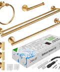 Gold Brushed 7 Piece Bathroom Accessory Kit Wall Mounted Featuring 23.62 Inch Double Towel Bar, 19.68 Inch Single Towel Bar, Towel Ring, 3 Hooks, And Toilet Paper Holder For A Clean Modern Bath Upgrade