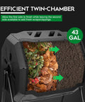 43 Gallon Dual Chamber Compost Tumbler With 360 Degree Rotating Bin, showing interior with compost and garden soil