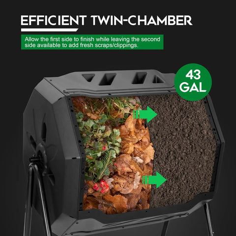 43 Gallon Black Compost Tumbler Dual Rotating Outdoor Garden Bin showing twin-chamber for easy batch composting