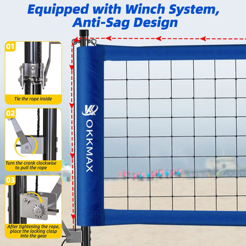 Heavy Duty Outdoor Volleyball Net Set With Adjustable Poles And Anti Sag Design, Portable Beach Net Kit in use with winch system