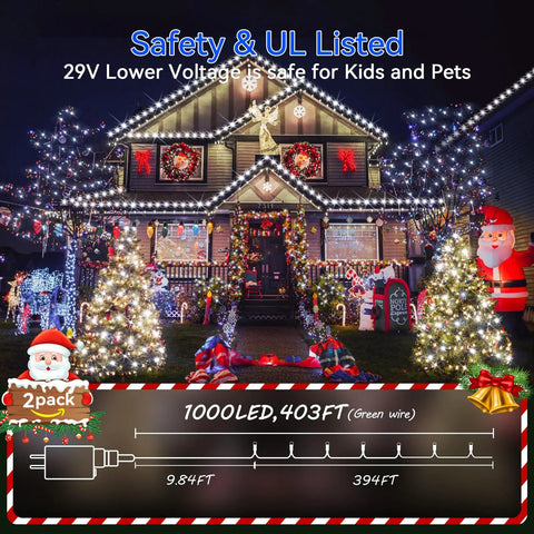 Festive house decorated with 1000 LED Outdoor Christmas String Lights 403 Ft With 8 Modes IP44 Waterproof Cold White on clear wire