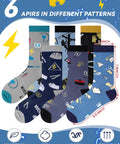 Six Pairs Novelty Electrician Socks For Men With Dope Designs Mid Calf Crew Socks Gift Set For Electricians And Electrical Engineers Perfect Father's Day Or Birthday Present showing different patterns and sizes.