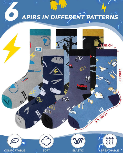 Six Pairs Novelty Electrician Socks For Men With Dope Designs Mid Calf Crew Socks Gift Set For Electricians And Electrical Engineers Perfect Father's Day Or Birthday Present showing different patterns and sizes.