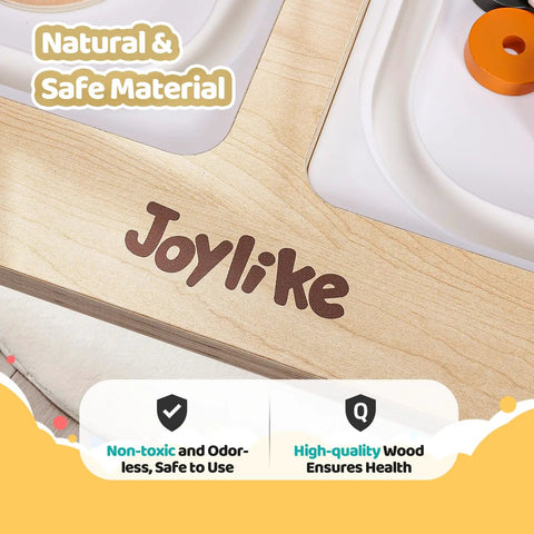 Close-up of wooden sensory table for toddlers 1 to 3 with two storage bins, showing natural wood finish and logo.