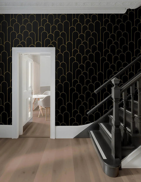 Black And Gold Dope Geometric Peel And Stick Wallpaper For Bedroom Modern Removable Self Adhesive Wall Covering Waterproof Vinyl 17.3 By 118.7 Inches displayed on a wall by a staircase.