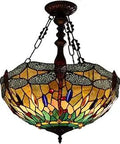 Empress Tiffany Style 3 Light Hanging Pendant in Black Bronze Finish with Dragonfly Accents, 18 Inch Wide Vintage Ceiling Fixture