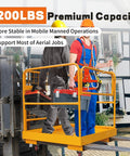 Forklift safety cage basket, 36x36 in, yellow steel platform with four wheels for aerial work.