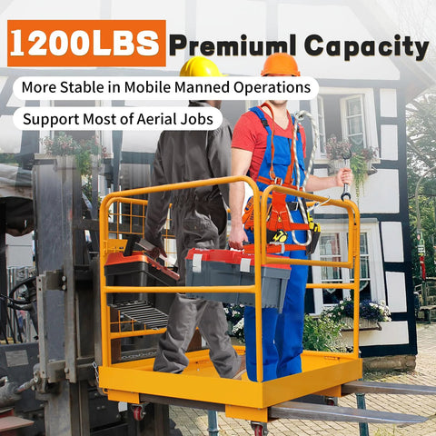 Forklift safety cage basket, 36x36 in, yellow steel platform with four wheels for aerial work.