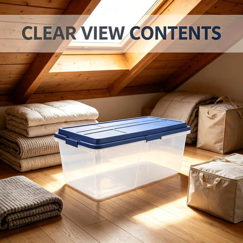 Straight Up Heavy Duty 113 Qt Long Storage Bin With Secure Snap On Lid, Crystal Clear Stackable Plastic Tote For Bulky Blankets And Seasonal Gear in an attic setting.