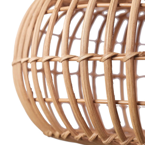 Close-up of the blonde rattan shade from Fitz 1-Light Pendant Light With Blonde Rattan Shade And White Socket, Plug-In Or Hardwire Ceiling Mount, Japandi Minimalist Vibe For A Cozy Modern Living Space.