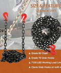 Heavy Duty G80 Grade Transport Binder Chain 3/8 Inch By 20 Feet With Clevis Grab Hooks, 7100 lbs capacity, shown with red hooks.