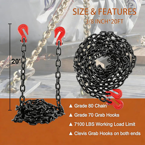 Heavy Duty G80 Grade Transport Binder Chain 3/8 Inch By 20 Feet With Clevis Grab Hooks, 7100 lbs capacity, shown with red hooks.