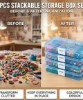 Blue 4 Pack Plastic Organizer Boxes With 40 Grids, showing cluttered desk before and organized boxes after for storage.