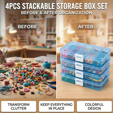 Blue 4 Pack Plastic Organizer Boxes With 40 Grids, showing cluttered desk before and organized boxes after for storage.