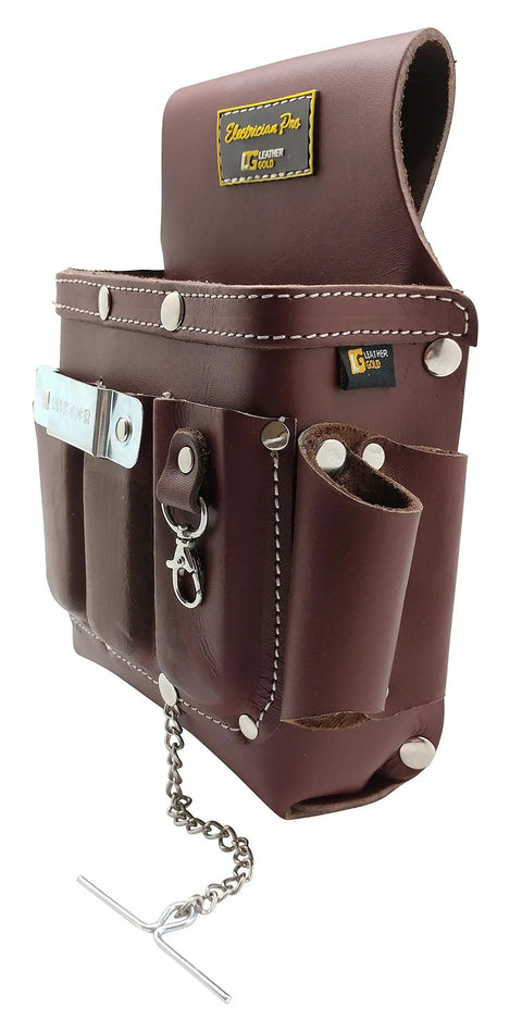 10 Pocket Leather Electrician Tool Pouch With Hammer Holder And Tape Chain Brown Belt Organizer For Screwdrivers Flashlights