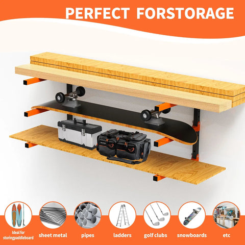 Heavy Duty Wall Mounted Lumber Storage Rack Three Level Four Pack For Garage Storage Holds Wood Pipes And Skis With 300 Lbs Capacity Organizer Bracket Black And Orange Garage Gear with items on shelves