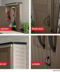 Collage of Weather Resistant Brown Vertical Resin Outdoor Storage Shed with Floor showing size, sturdy doors, slanted roof, and lockable handle.