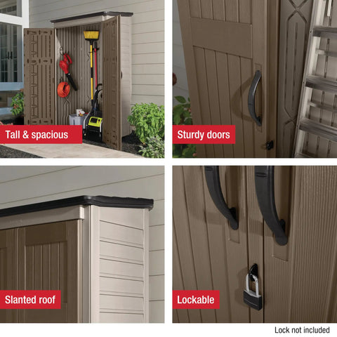 Collage of Weather Resistant Brown Vertical Resin Outdoor Storage Shed with Floor showing size, sturdy doors, slanted roof, and lockable handle.