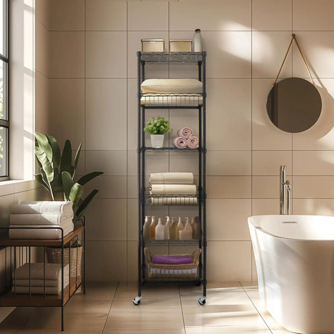 Heavy Duty 6 Tier Wire Shelving Unit Rolls Flat On Smooth Casters, 18X18X72 Inch Adjustable Black Metal Rack, Sick Storage For Kitchen Garage Or Pantry, No Sweat Setup All Year Round