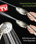High Pressure Handheld Shower Head with 8 Modes and Anti Clog Nozzles, shown spraying water, with stainless steel finish.
