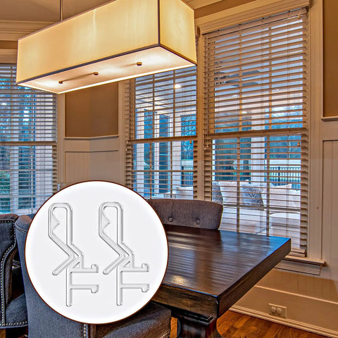 Top Notch Hidden Valance Clips For Window Blinds Clear Plastic Clip Tabs For Horizontal Shades displayed next to a dining area.