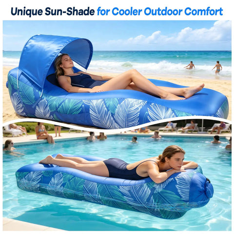Inflatable Lounger Air Sofa With Sun Shade Waterproof Beach Bed With Electric Pump by beach and pool