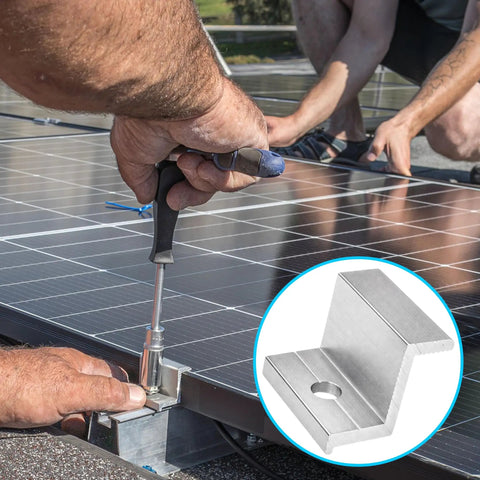 Rock Solid 10 Pack Aluminum Solar Panel End Clamps For 30mm Frame Height with hands installing clamp on solar panel.