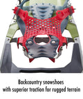 Close-up of Revo Ascent Backcountry Snowshoes with Paragon Bindings for Mountaineering, 22 Inch Olive Pair, ExoTract Deck visible.