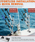 Heavy-Duty Triple Rod Tree For Boats, 3 Aluminum Rod Holders With 360 Degree Swivel And 180 Degree Tilt, Gunnel Track Mount Trolling Rack - Fits Kayaks, Fishing Boats, And Small Vessels. Track and deck mount rod holder shown on boat