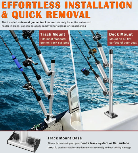 Heavy-Duty Triple Rod Tree For Boats, 3 Aluminum Rod Holders With 360 Degree Swivel And 180 Degree Tilt, Gunnel Track Mount Trolling Rack - Fits Kayaks, Fishing Boats, And Small Vessels. Track and deck mount rod holder shown on boat