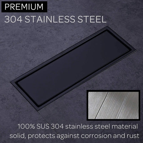 304 Stainless Steel Linear Shower Floor Drain With Tile Insert Grate Removable Cover 12 Inch Rectangle Matte Black Finish