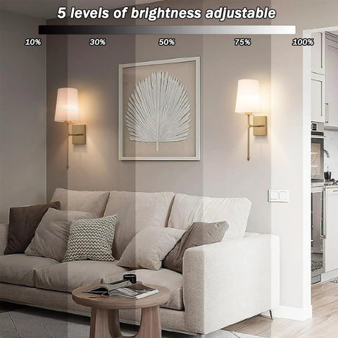Wireless Battery Operated Wall Sconce Set Of Two With White Fabric Shade Remote Control No Wiring Dimmable Indoor Bedroom Vanity Lighting Bulbs Included Easy Setup Modern Slim Design, shown on wall above couch with adjustable brightness.