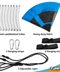 Components of 40 Inch Saucer Tree Swing With 900Lb Weight Capacity Waterproof Seat For Kids Outdoor Play With Hanging Straps Easy Assembly And Heavy Duty Durable Safe Backyard Playground Blue including tubes, fabric, straps, and ropes.