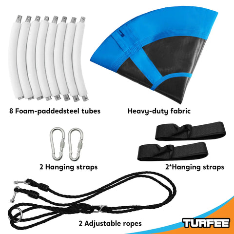 Components of 40 Inch Saucer Tree Swing With 900Lb Weight Capacity Waterproof Seat For Kids Outdoor Play With Hanging Straps Easy Assembly And Heavy Duty Durable Safe Backyard Playground Blue including tubes, fabric, straps, and ropes.