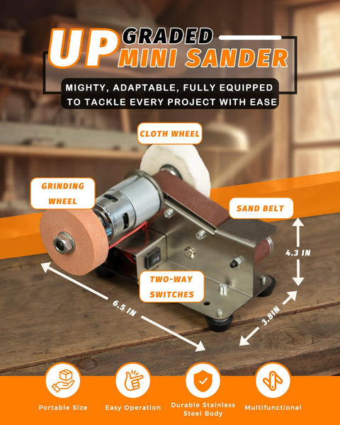 Mini belt sander, front view; stainless steel body with sanding belt and cloth wheel, orange accents, two-way switches