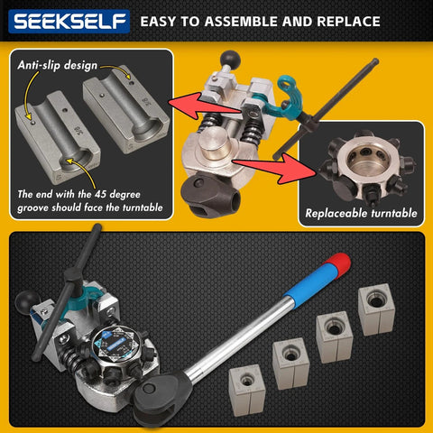 Front view of SEEKSELF brake line flaring tool kit with 45° dies and replaceable die heads, long handle, black
