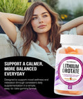 Lithium Orotate Gummies 5mg For Mood Support And Stress Management Helps Keep Your Mood Chill Daily Promotes Relaxed Focus And Resilience Balance Vegan Gluten Free Non GMO Orange Flavor 60 Gummies bottle next to a relaxed woman outdoors.