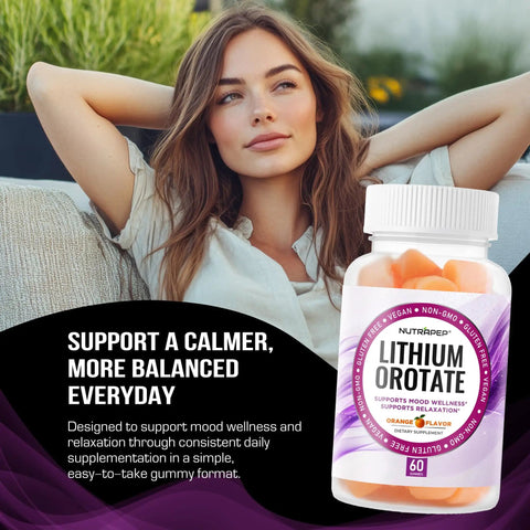 Lithium Orotate Gummies 5mg For Mood Support And Stress Management Helps Keep Your Mood Chill Daily Promotes Relaxed Focus And Resilience Balance Vegan Gluten Free Non GMO Orange Flavor 60 Gummies bottle next to a relaxed woman outdoors.