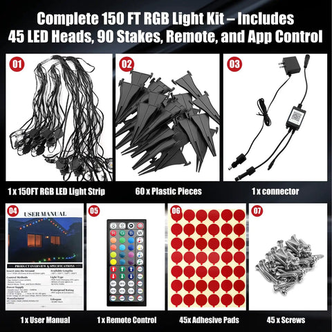 150 Ft 2-In-1 Eaves And Ground LED String Lights With App And Remote Control, RGB Color Changing Kit Components Display